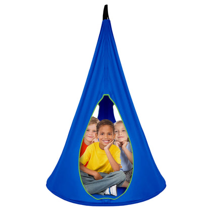 Sorbus Pod Swing blue front view, a sturdy outdoor nest chair for kids' play and relaxation.