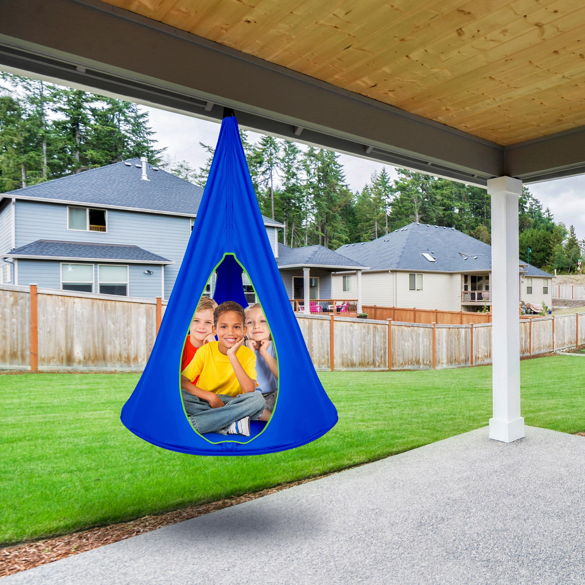 Sorbus Pod Swing blue hardware, adjustable rope enabling flexible indoor or outdoor hanging.