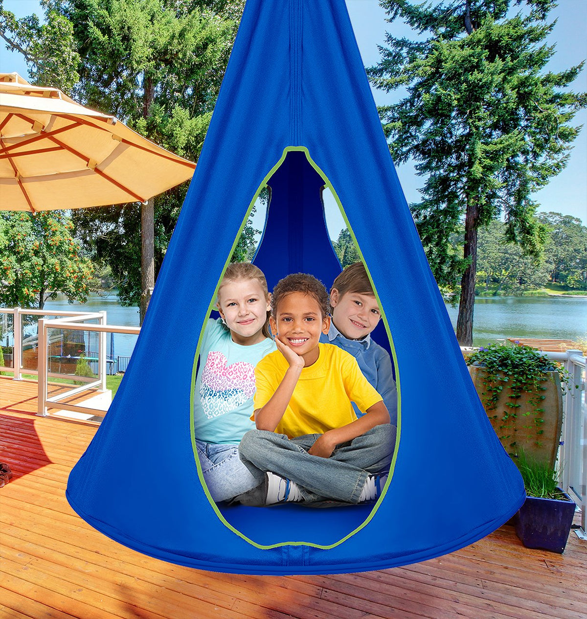 Sorbus Pod Swing blue kids using the nest, enjoying gentle sway and balanced movement.