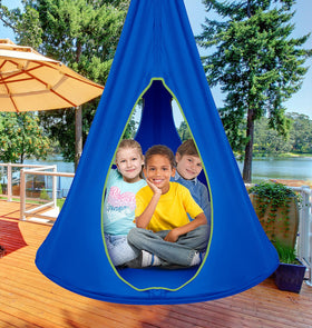 Sorbus Pod Swing blue kids using the nest, enjoying gentle sway and balanced movement.