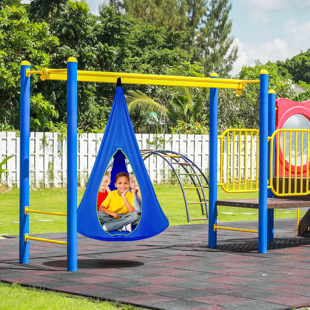 Sorbus Pod Swing blue window peep holes, inviting peek-out moments during calm, sensory-friendly play.