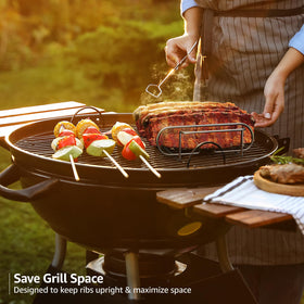 Sorbus rib rack on grill demonstrating upright cooking.