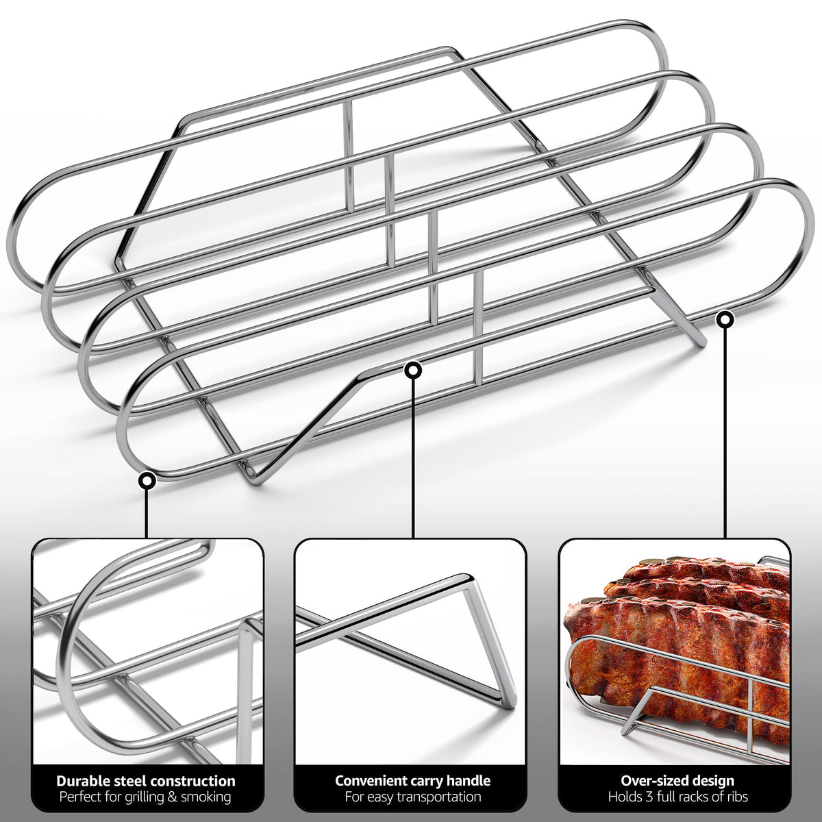 Sorbus Rib Rack XL in use on a grill showing upright placement