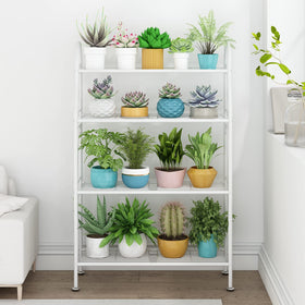 SORCEDAS white metal plant shelf highlights sturdy wind-resistant frame for patio use.
