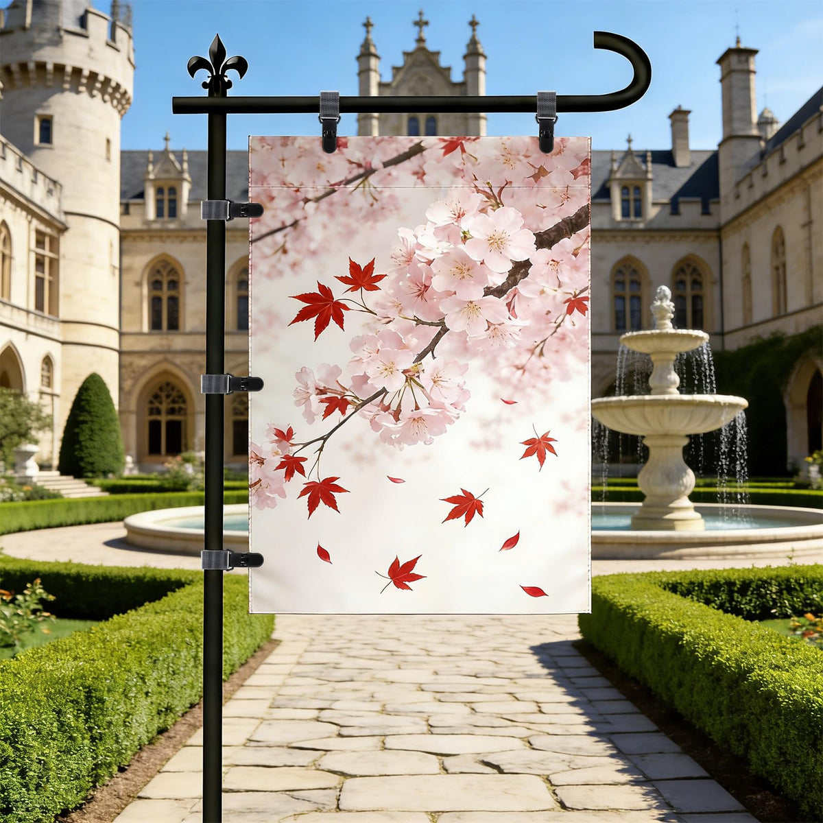 Sorcristy flag pole clip attached to garden banner