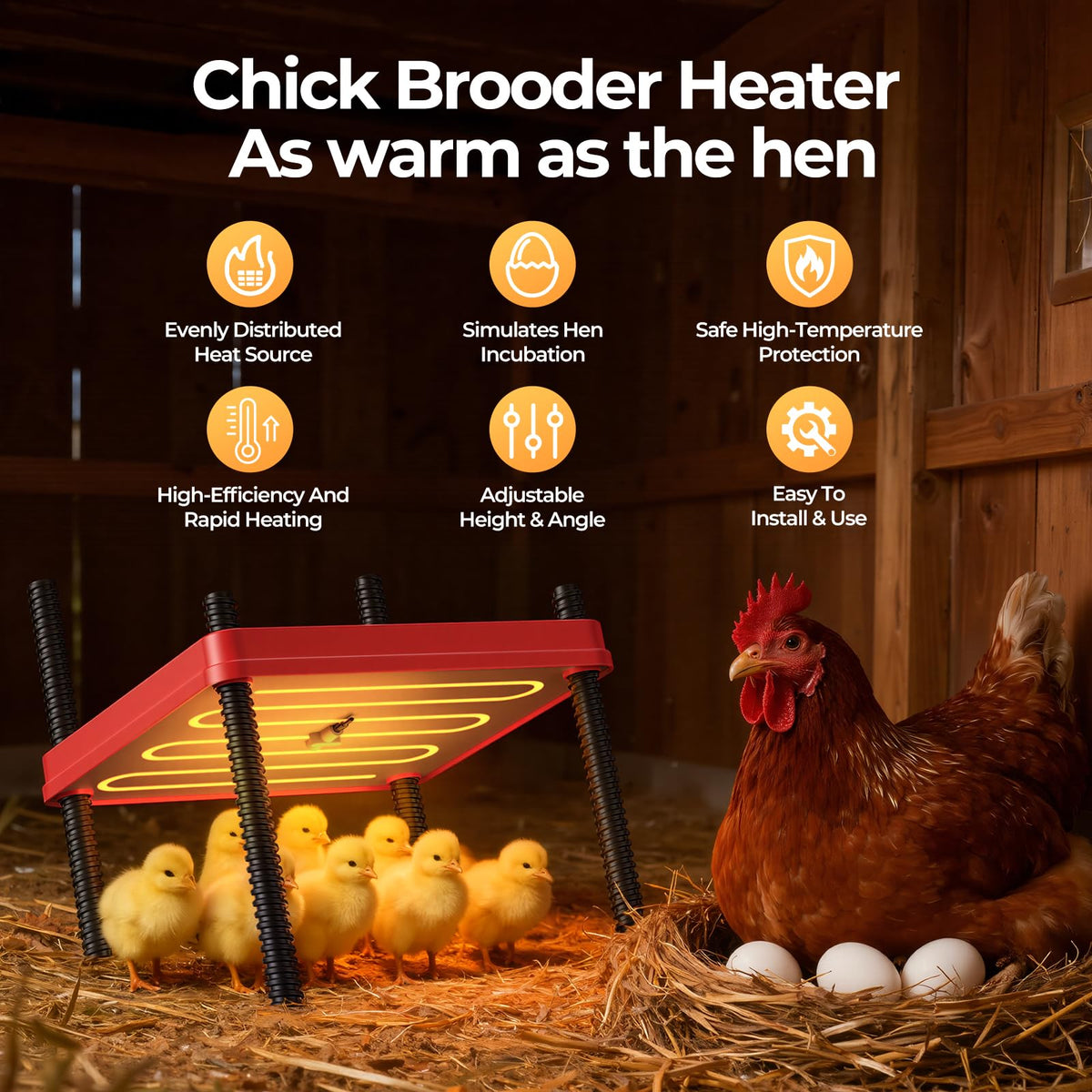 SORSWEET heating plate angled setup shows adjustable height for age-diverse chicks