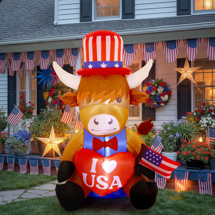 Sosation 5ft patriotic Highland cow inflates for dramatic outdoor lawn display.