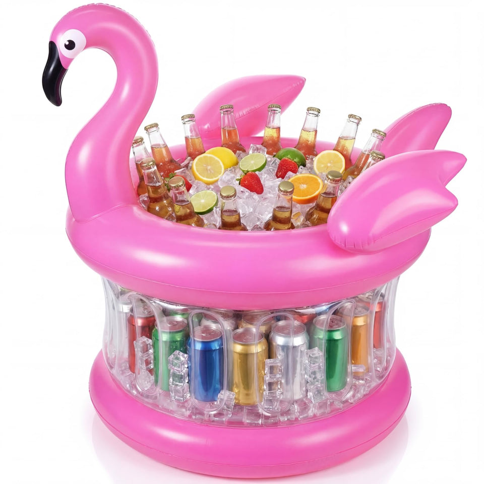 Sosation inflatable flamingo drink cooler floats on water, keeping drinks icy during pool parties.