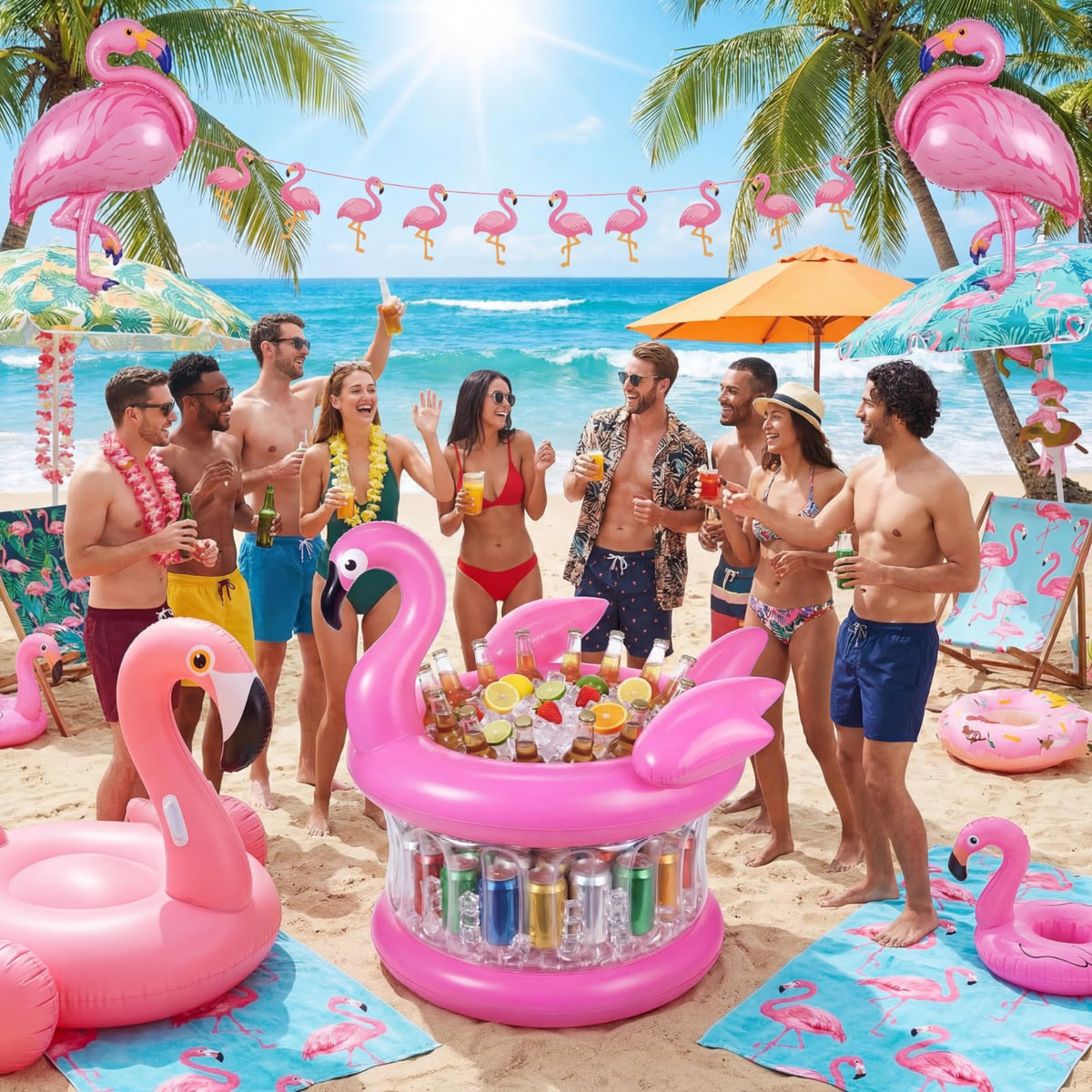 Sosation inflatable flamingo ice chest keeps beverages within reach during gatherings.
