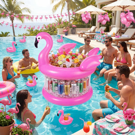 Sosation luau flamingo decor with built-in drink holder adds tropical flair.