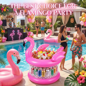Sosation pink flamingo cooler serves as a portable beverage station for outdoor events.