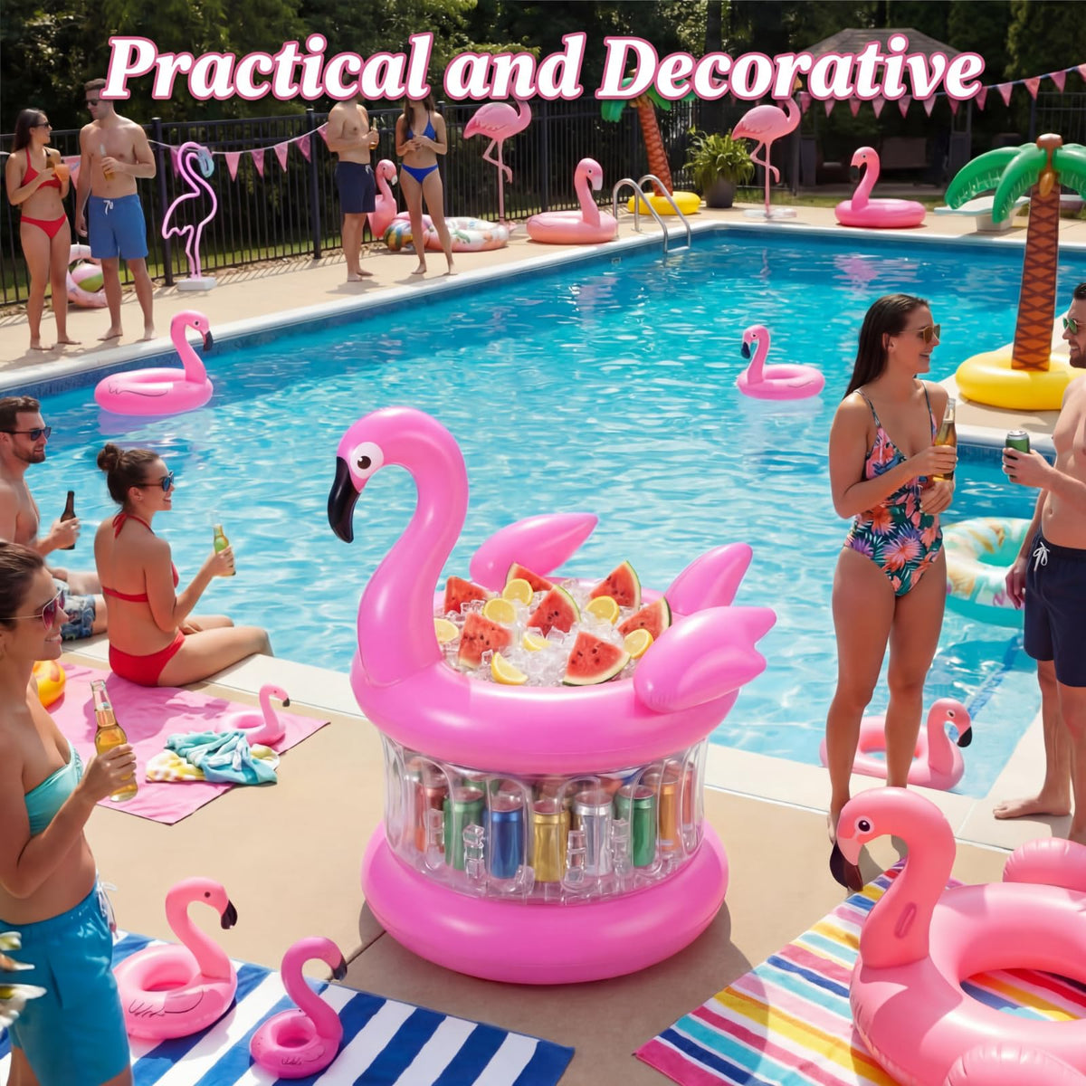 Sosation pool party supplies feature a pink flamingo cooler for entertaining by the pool.