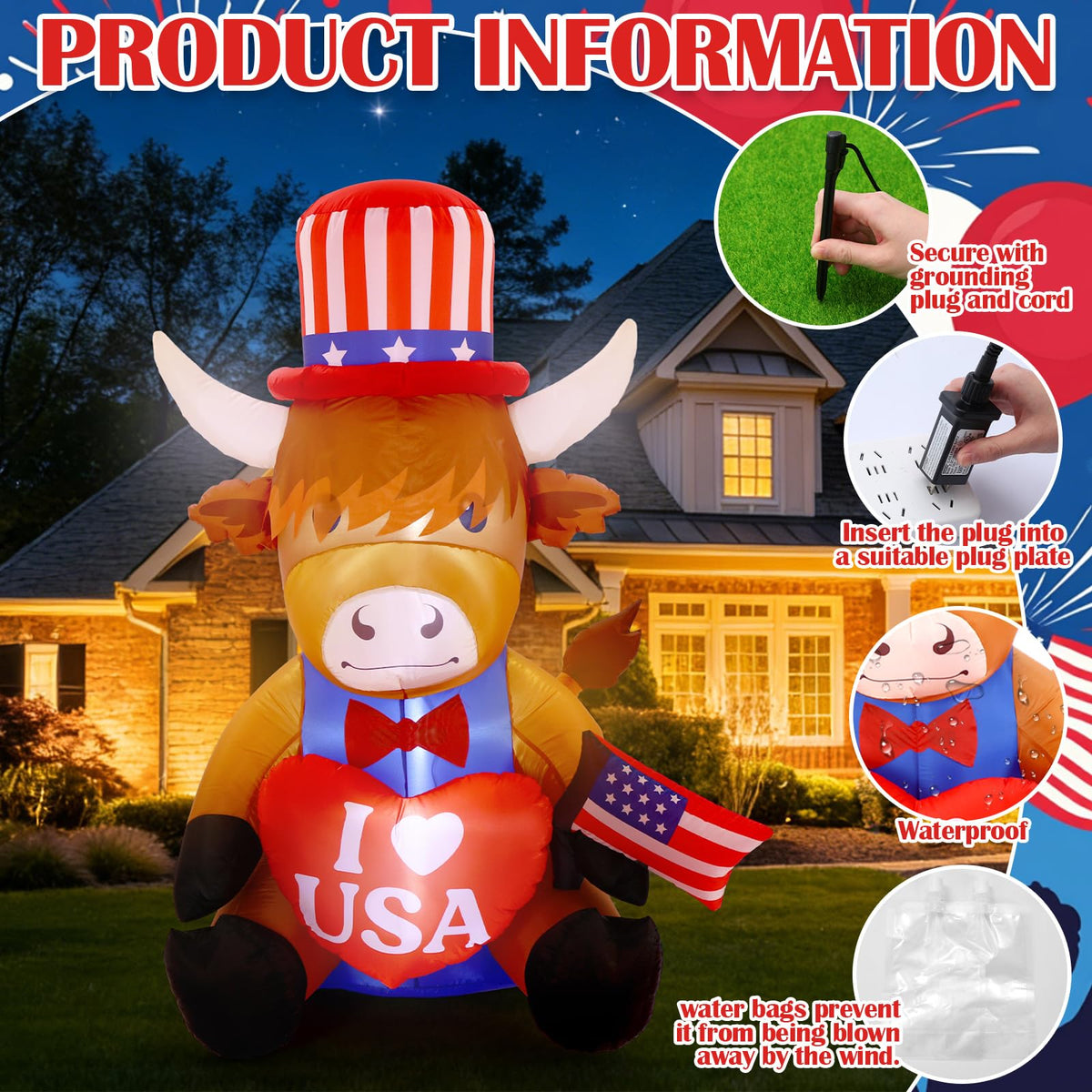 Sosation Highland cow with red-white-blue top hat and I love USA heart.