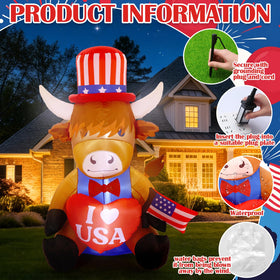Sosation Highland cow with red-white-blue top hat and I love USA heart.