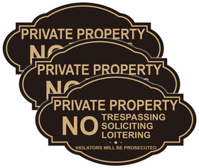 Soslina No Trespassing sign 7x4 on fence with durable black and gold vinyl