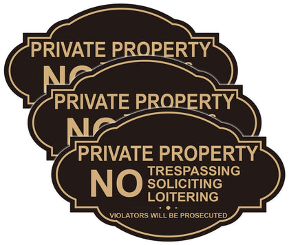 Soslina No Trespassing sign 7x4 on fence with durable black and gold vinyl