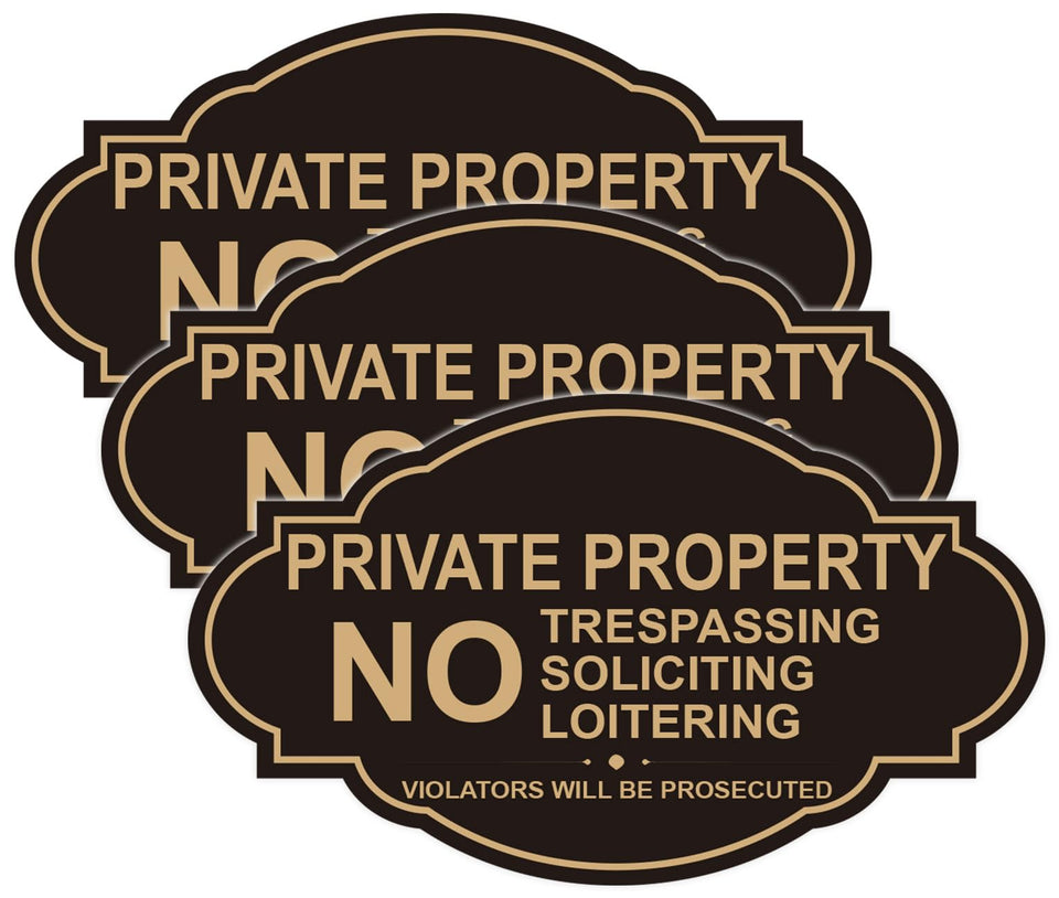Soslina No Trespassing sign 7x4 on fence with durable black and gold vinyl