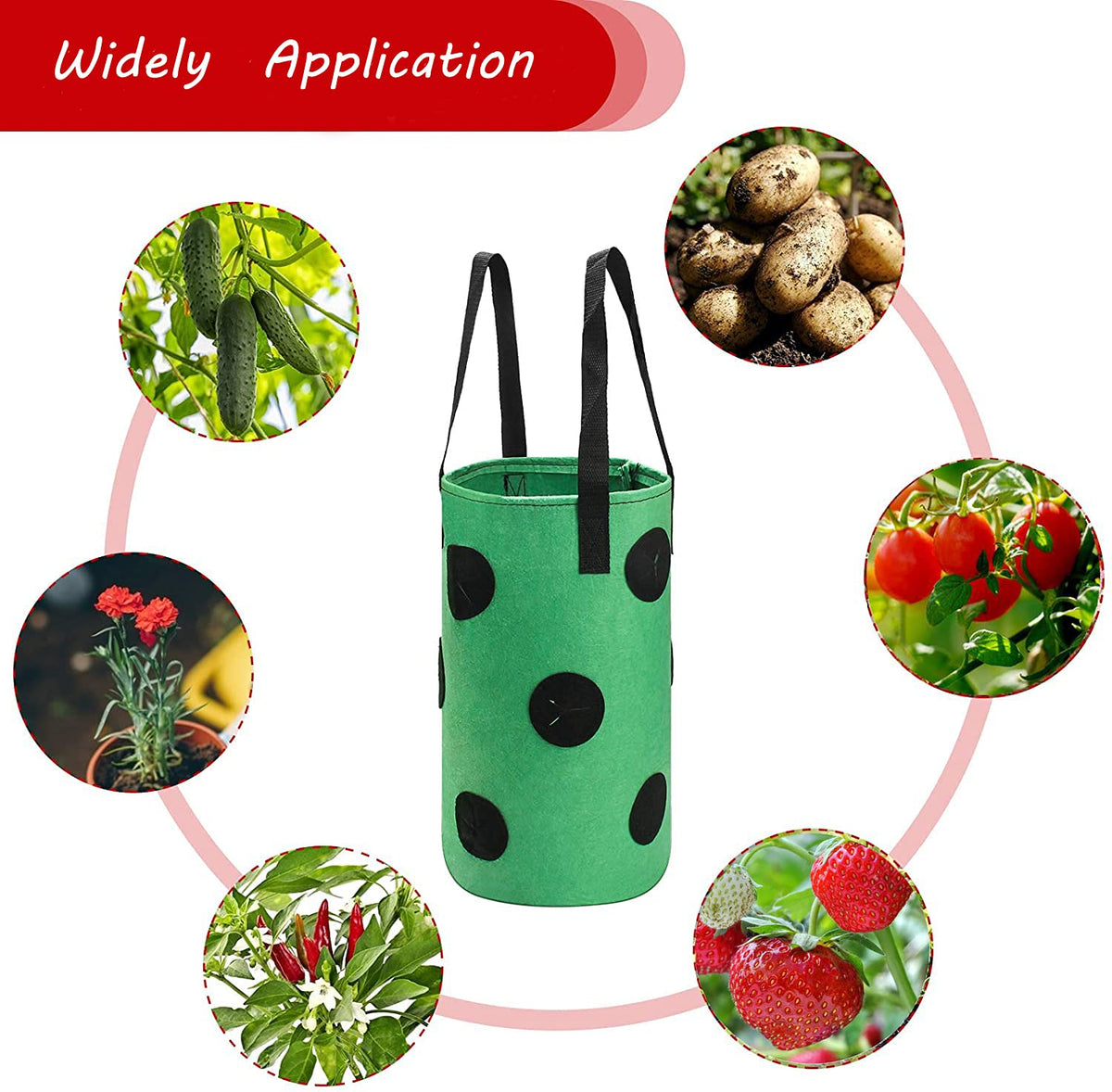 SouilGoal hanging planter bag side view demonstrates hanging setup and 3 gal capacity.