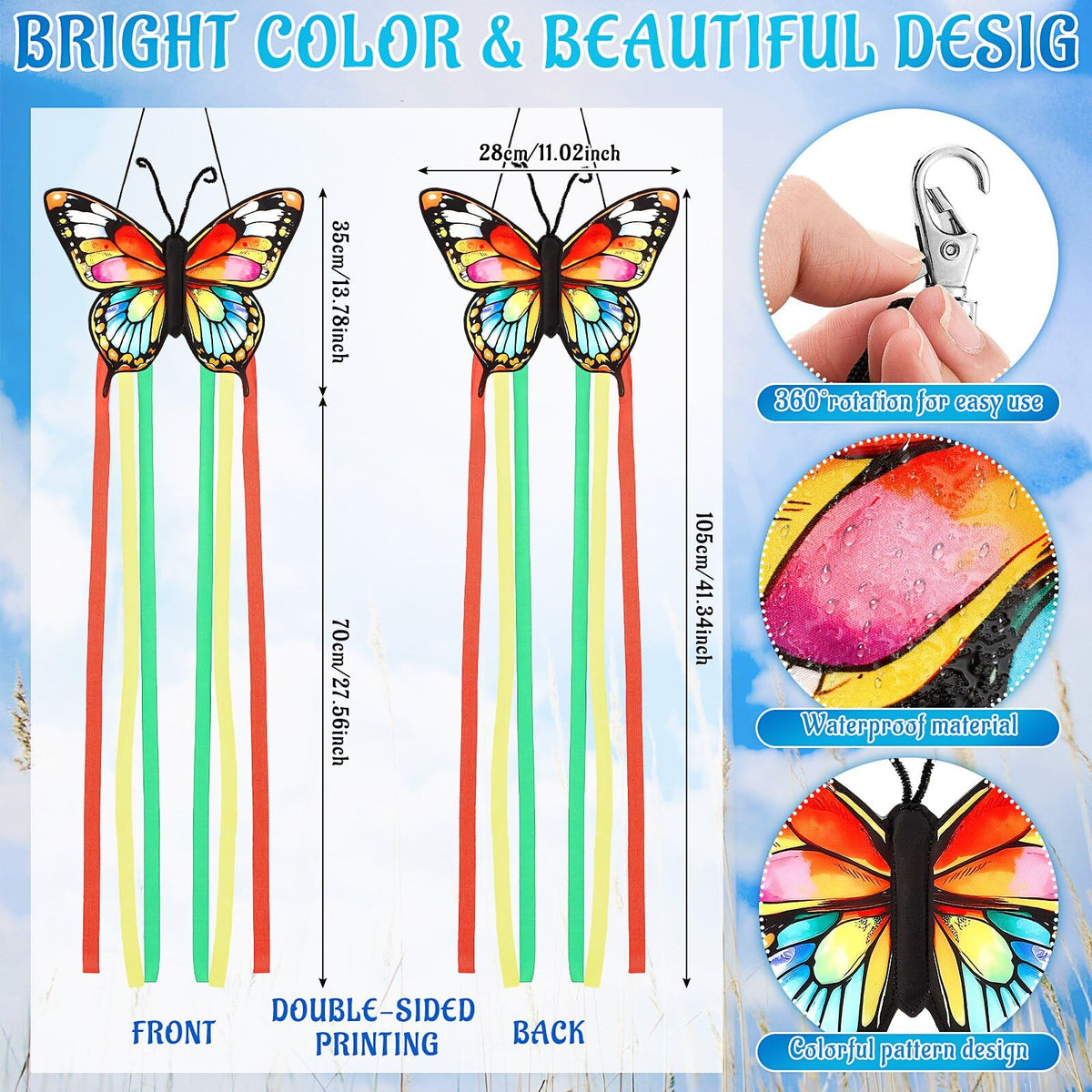 Soulchen butterfly windsock uses durable polyester for outdoor use.