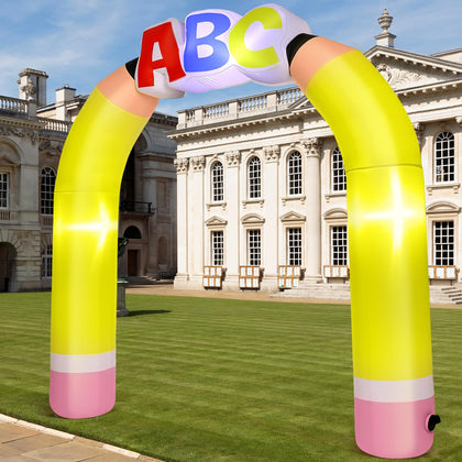Soulchen inflatable arch front view with colorful ABC decor and LED glow for photos.
