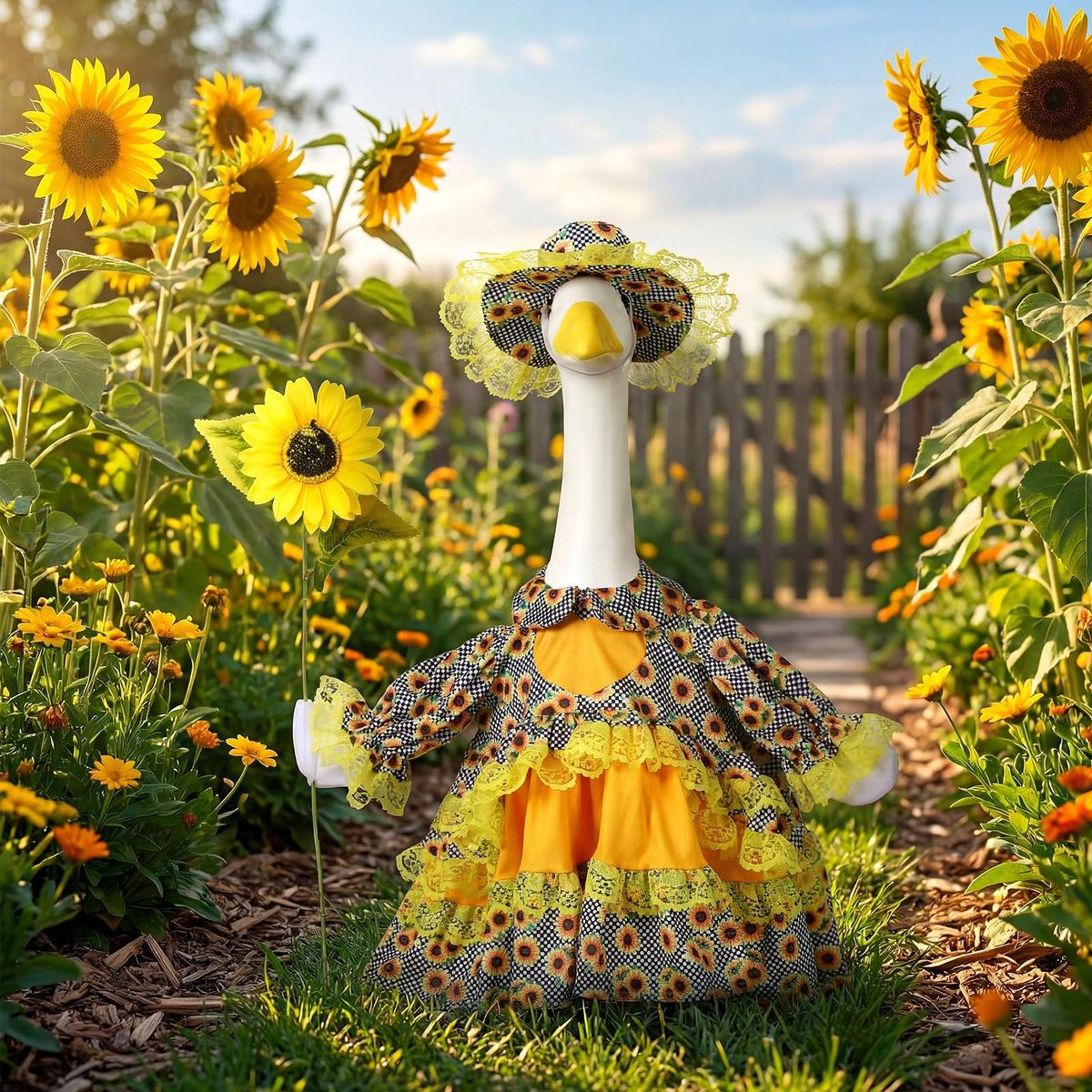 Soulchen sunflower garden display featuring the goose outfit.