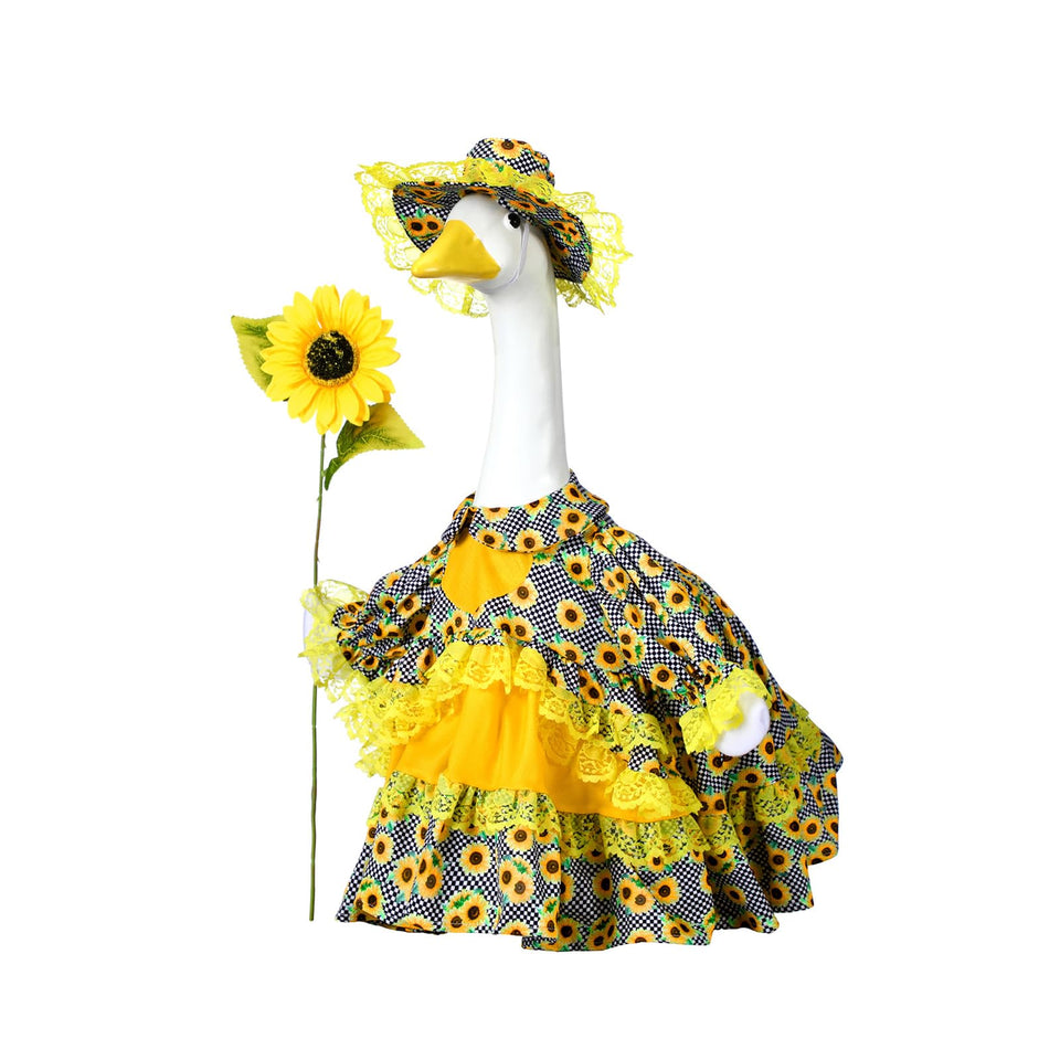Soulchen sunflower goose dress on a 23-inch statue enhances summer curb appeal.