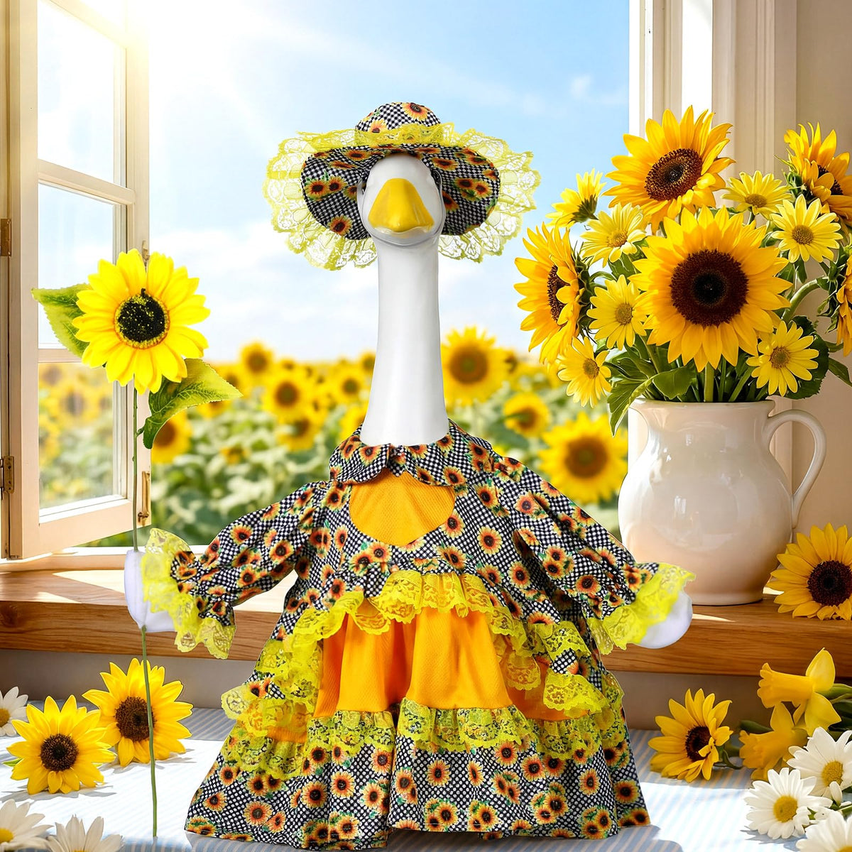 Soulchen sunflower goose hat adds festive charm to porch decor.