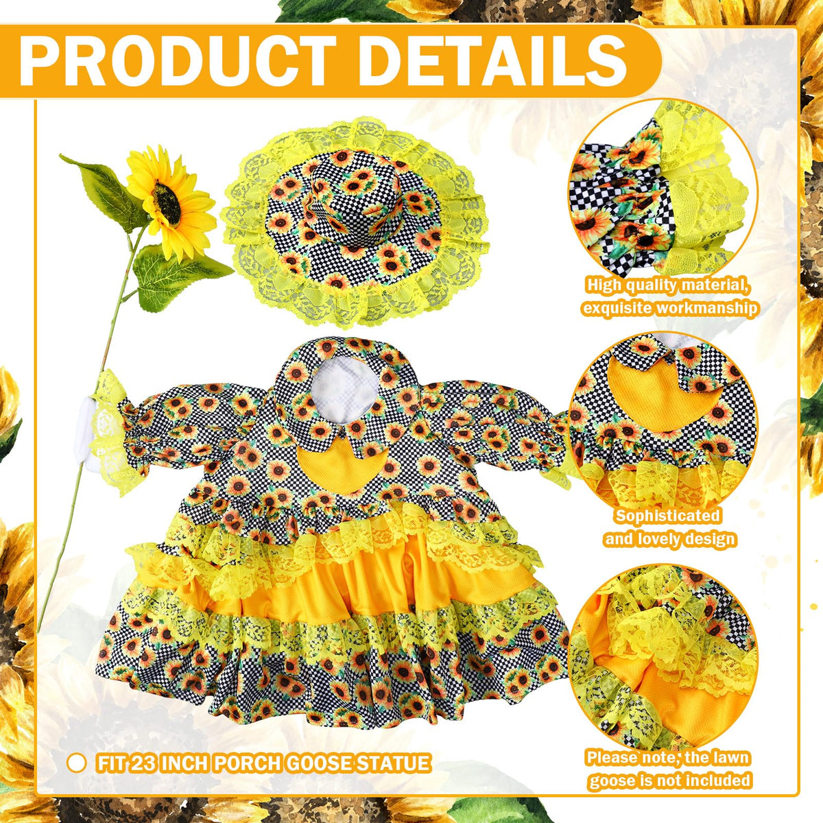 Soulchen sunflower goose outfit set displayed on a yard statue.