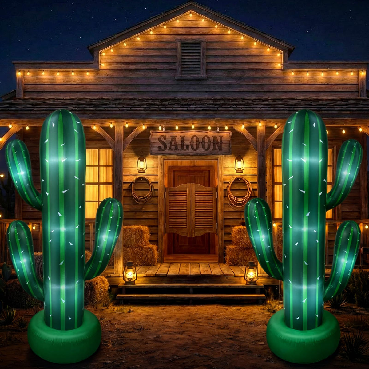Soulchen two-pack inflatable cactus inflates quickly with built-in blower for fast setup.