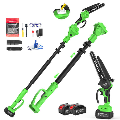 SOUSKY 2-in-1 cordless pole saw and mini chainsaw with 8-inch blade for versatile pruning.