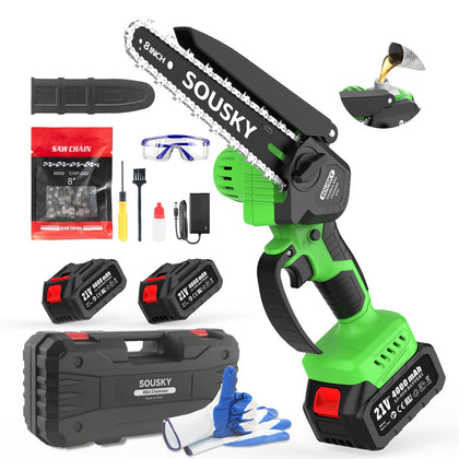 SOUSKY 8-Inch brushless mini chainsaw ready for cordless wood cutting
