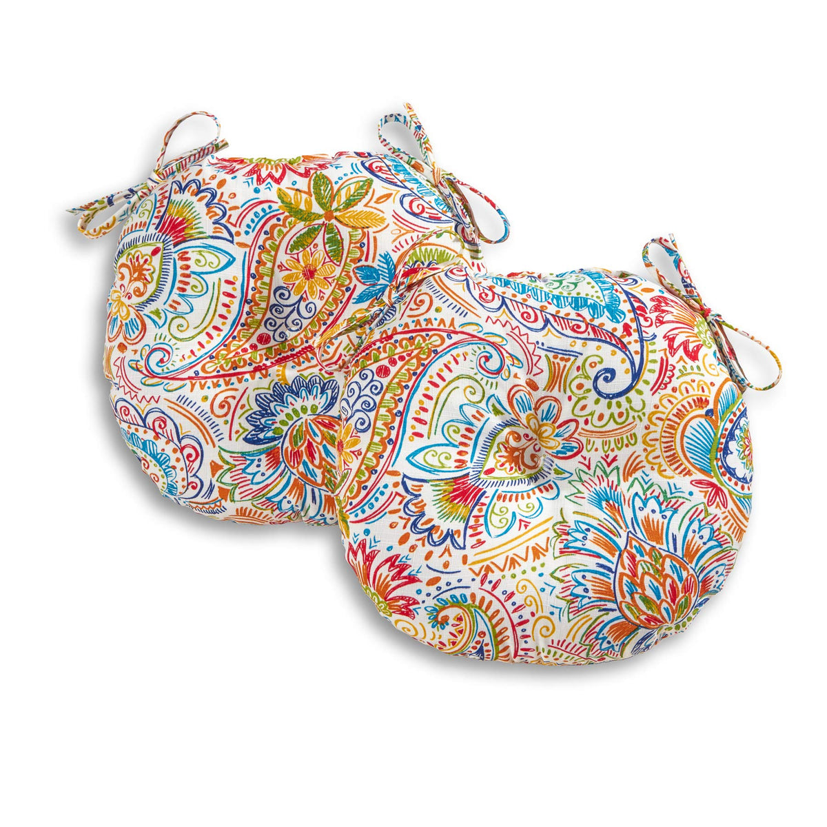 South Pine Porch bistro cushion 15in round paisley adds durable outdoor comfort.