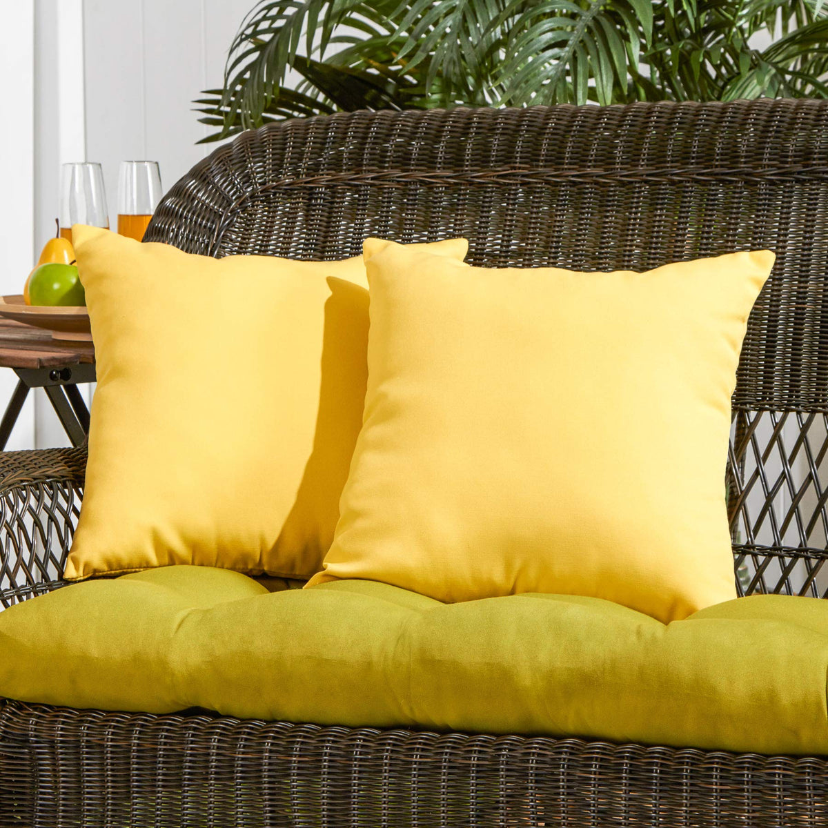 South Pine Porch sunbeam yellow outdoor pillow fabric resists UV and water
