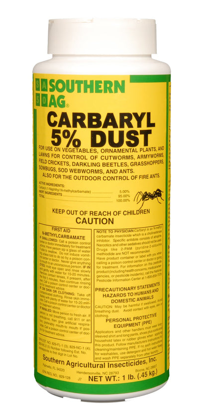 Southern Ag Carbaryl 5% Sevin Dust bottle for garden pest control on vegetables.