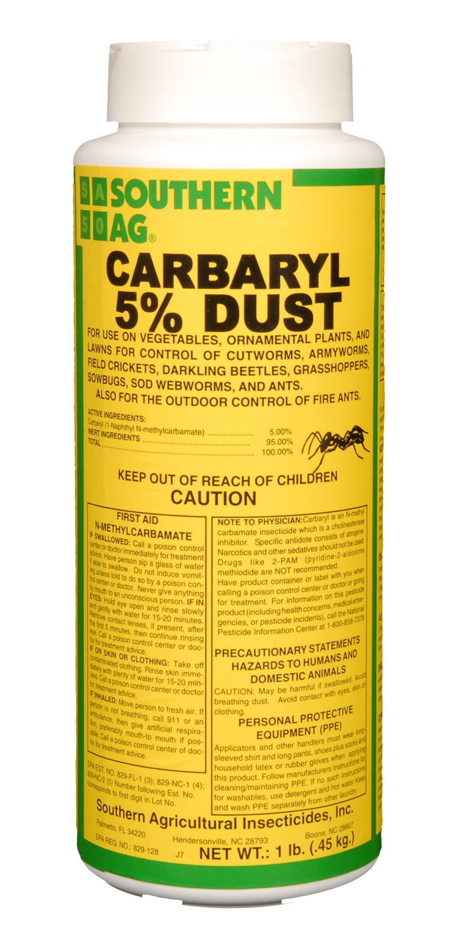 Southern Ag Carbaryl 5% Sevin Dust bottle for garden pest control on vegetables.