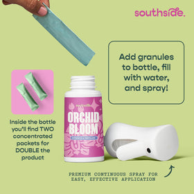 Southside Plants Orchid 1-4-4 label indicates bloom-focused nutrients.