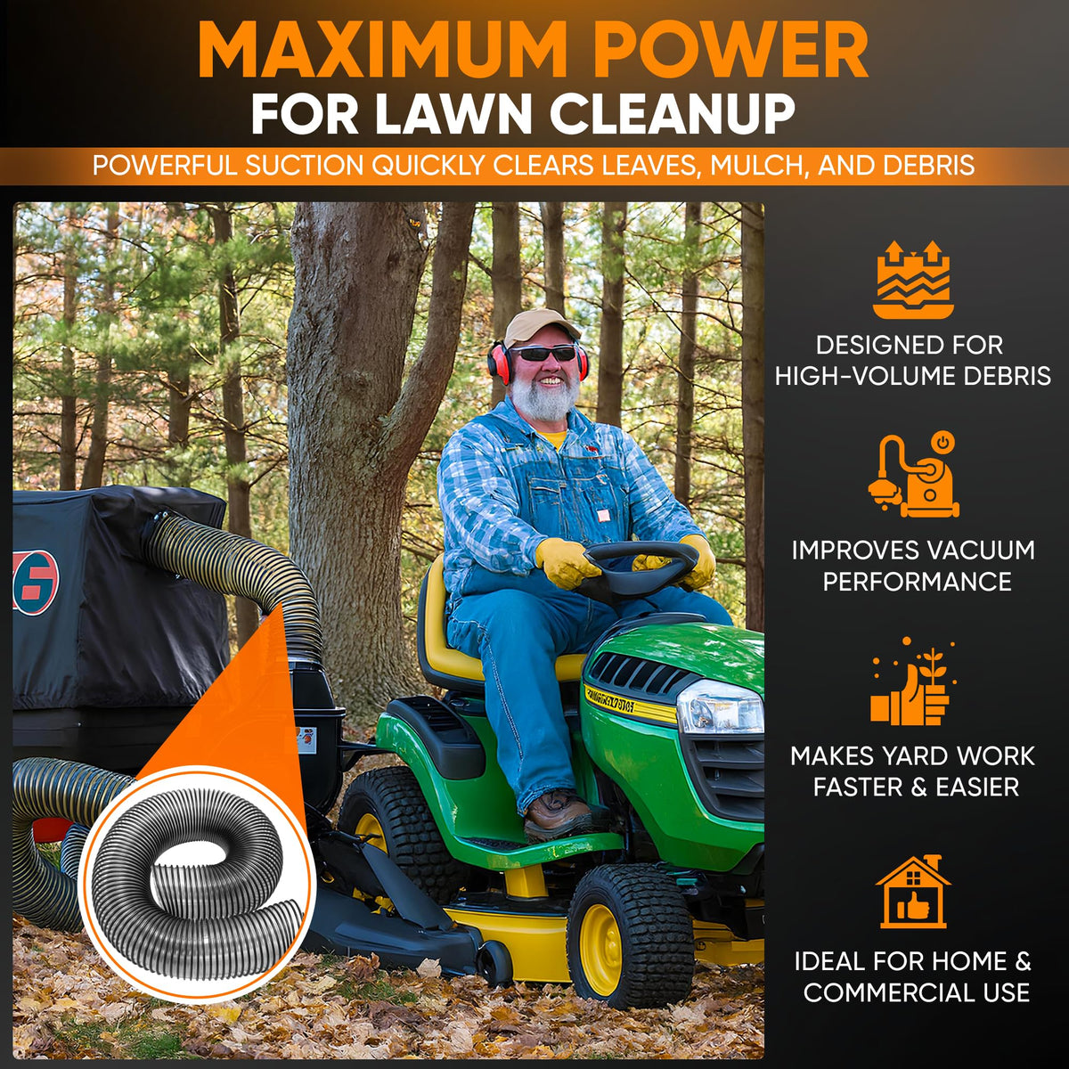 SOVARCATE easy-install lawn vacuum hose connects quickly to most systems.