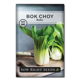 Sow Right Seeds Baby Bok Choy seed packet showing the premium heirloom variety.
