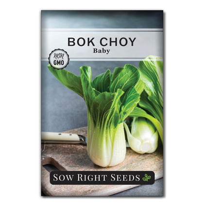 Sow Right Seeds Baby Bok Choy seed packet showing the premium heirloom variety.