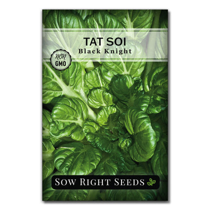 Sow Right Seeds Black Knight Tatsoi leaves close-up, rich dark green for fresh dishes.