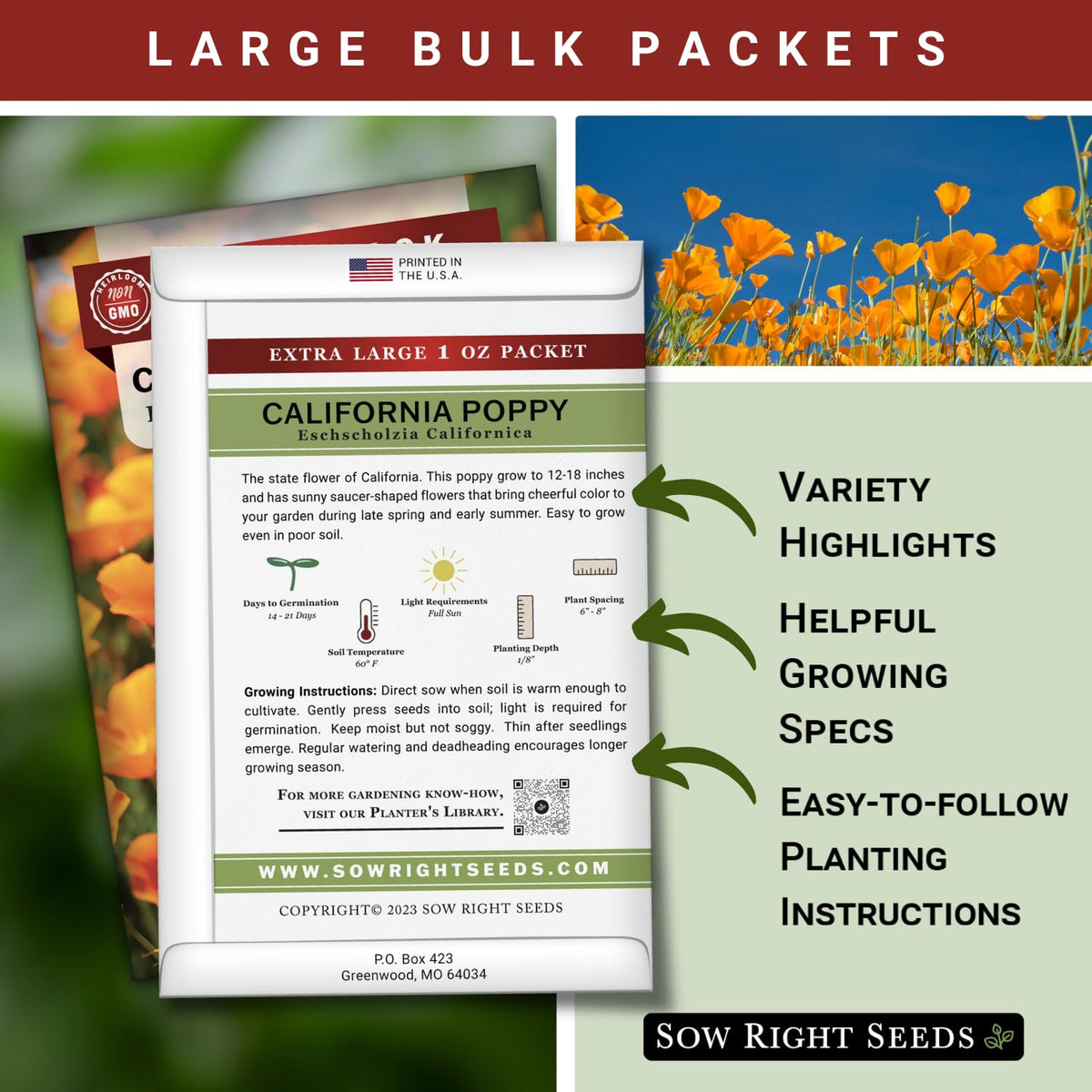 Sow Right Seeds California Poppy blossoms in orange, ideal for sunny borders