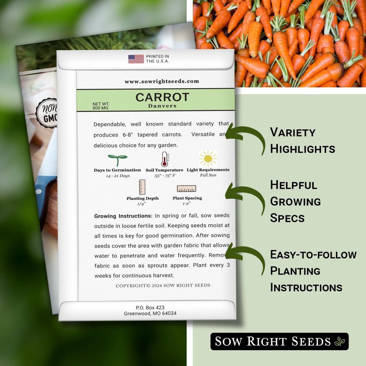Sow Right Seeds carrot germination 14-21 days helps planning