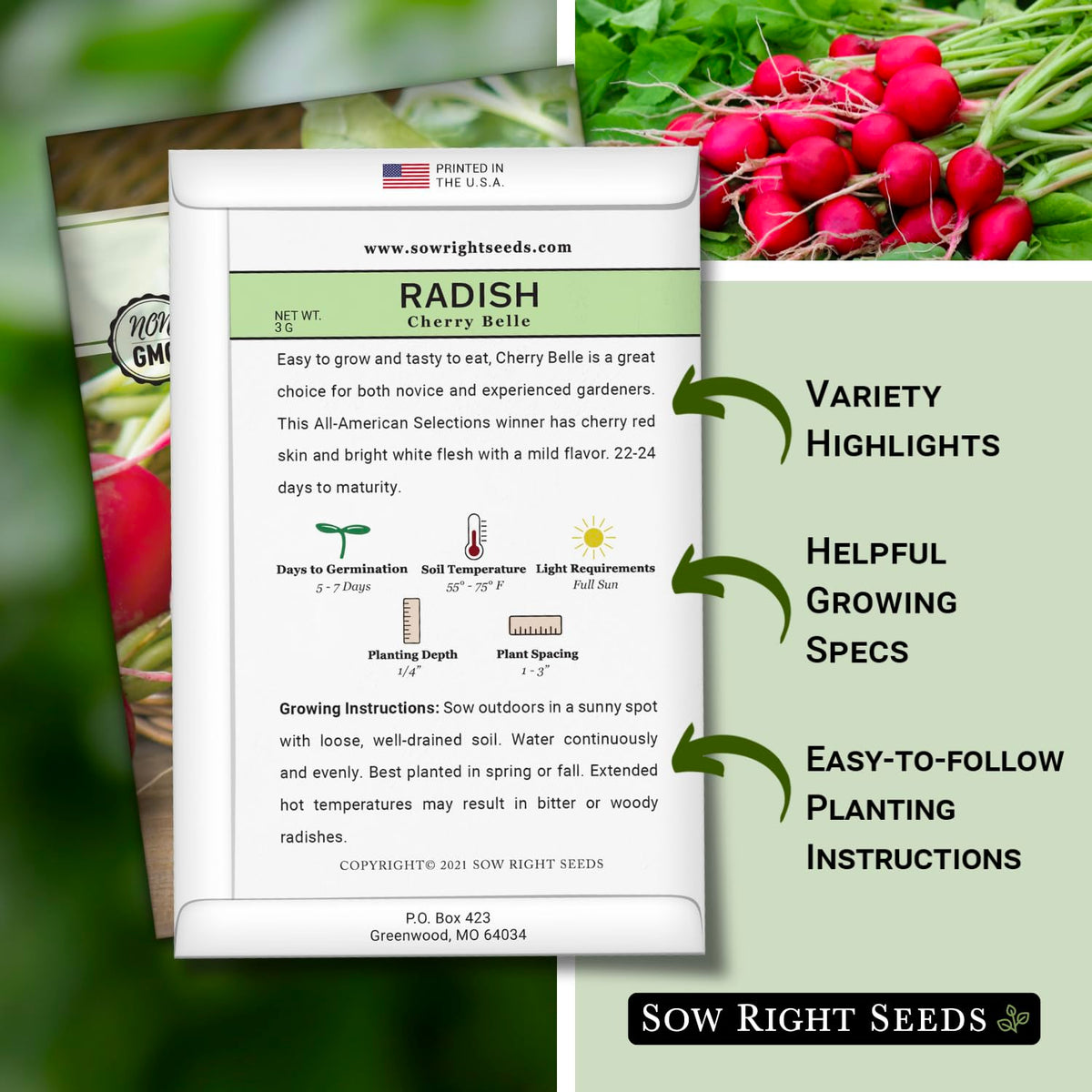Cherry Belle radish seed packet back showing sowing directions for quick, tasty harvests