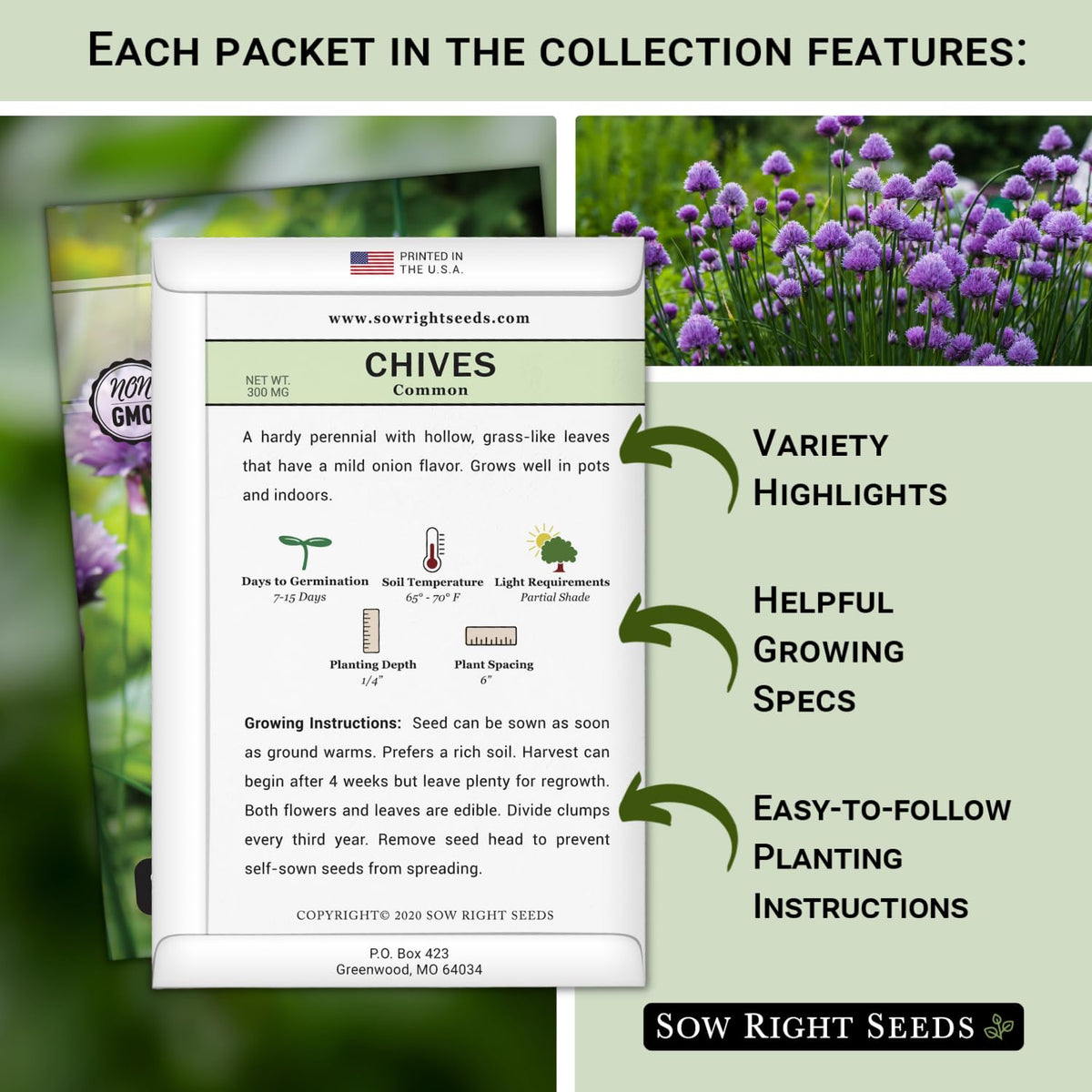 Sow Right Seeds chives packet ideal for potato butter or garnishes