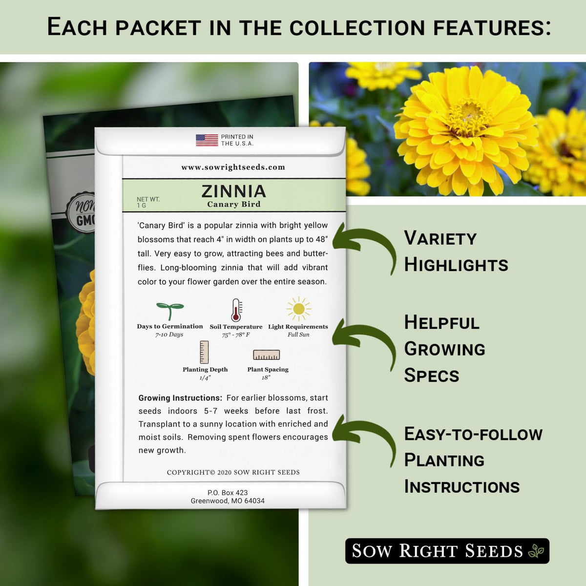 Sow Right Seeds Zinnia Canary Bird packet cover, sunny yellow blooms attract pollinators.