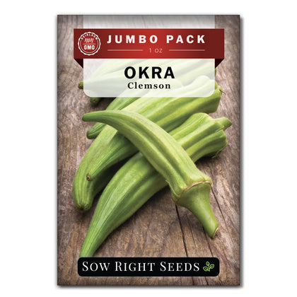 Sow Right Seeds Clemson Spineless Okra seeds bulk packet ready for planting.