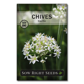Sow Right Seeds garlic chives seeds packet with planting instructions for home garden.