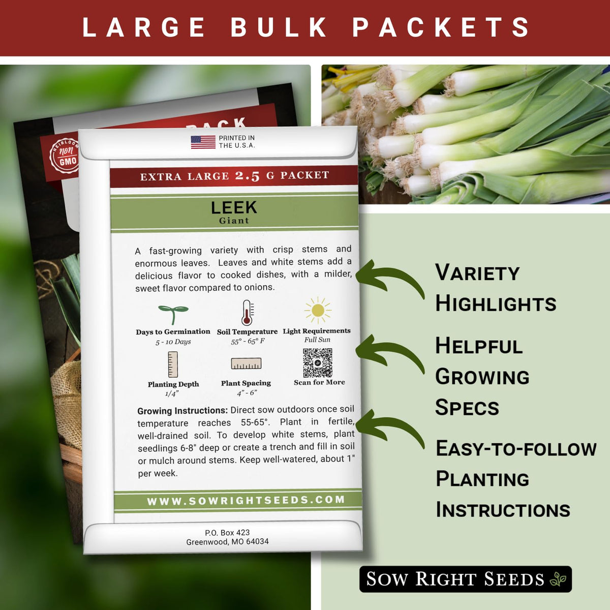 Sow Right Seeds giant leek garden view with tall leaves, signaling a productive harvest.