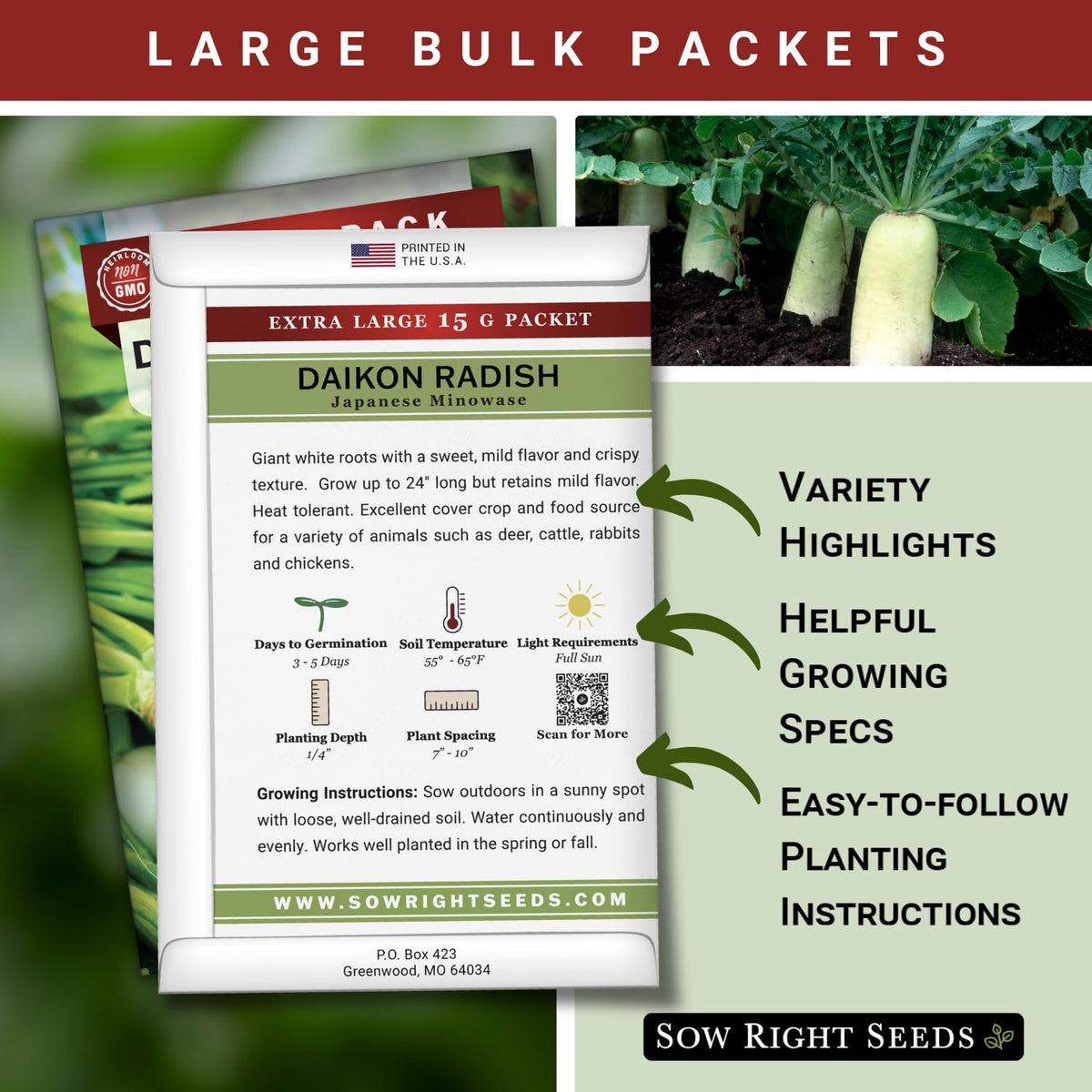 Sow Right Seeds Minowase Daikon giant white roots ideal for fresh salads and cooking
