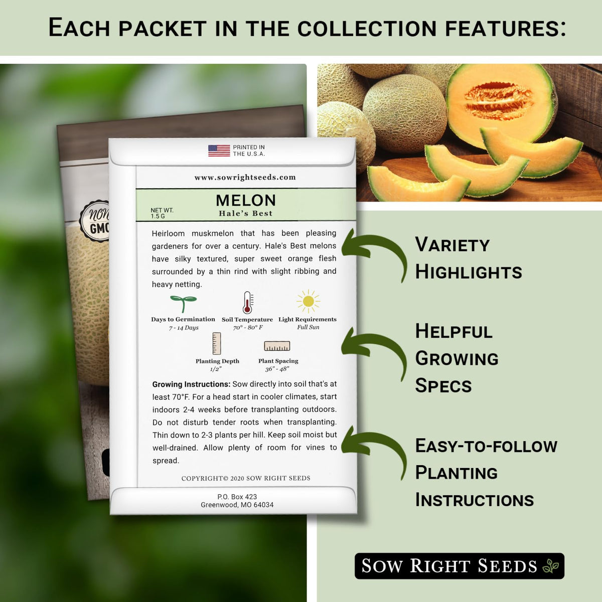Sow Right Seeds Hale's Best cantaloupe packet ready for planting and abundant melons.